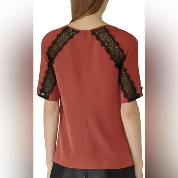 Reiss Lace Inset Rust Ariel Top sz 8 Satin Feminine Fall Office Dainty Raglan - Picture 2 of 9
